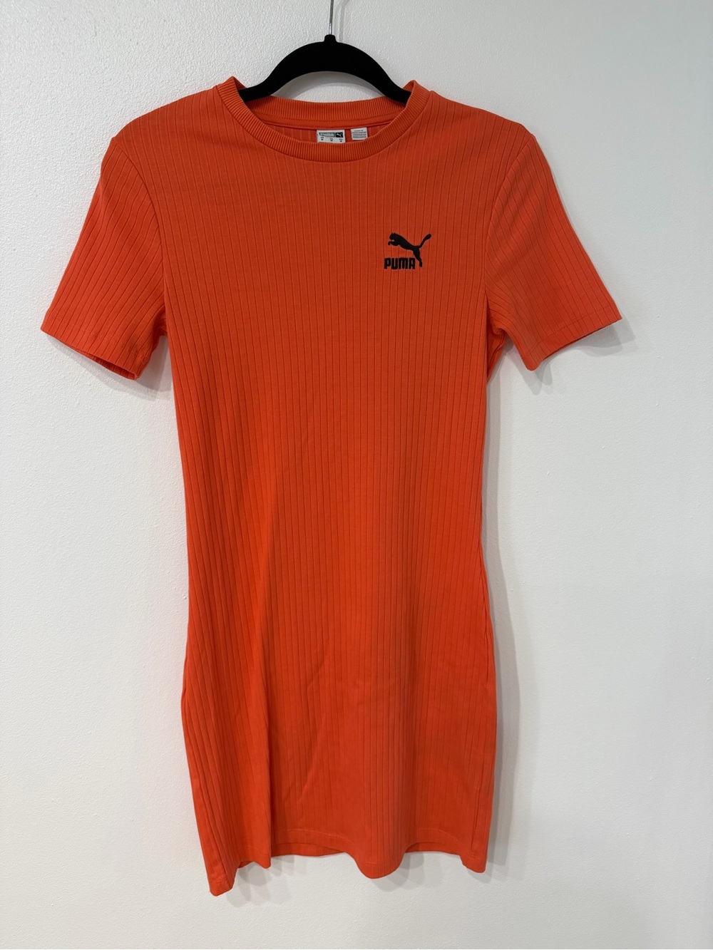 PUMA Women's Orange Solid Ribbed Knit Logo T-Shirt Dress Short Sleeve M